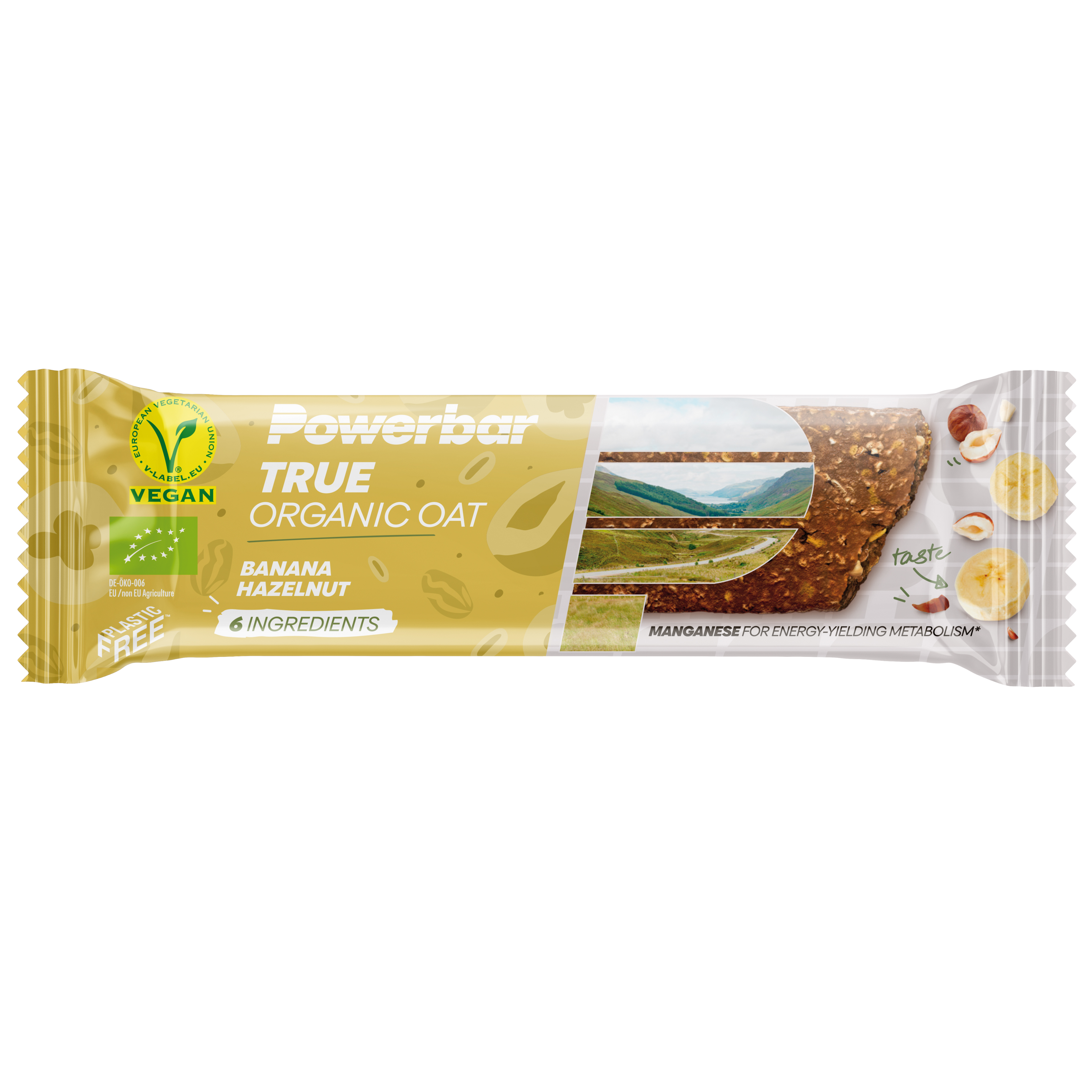 PBTrueOrganicOatBananaHazelnut40g Vous voulez faire le plein de réserves et savoir exactement ce que vous mangez sans faire de compromis sur le goût ? Nous avons ce qu’il vous faut : notre barre TRUE ORGANIC OAT – avec jusqu’à 6 ingrédients végétaux tels que flocons d’avoine, dattes et fruits à coque — tous de première qualité bio. Elle est produite sans impact sur le climat et, selon la variété, avec du cacao issu du commerce équitable — et emballée dans un film innovant sans plastique et biodégradable. Bon pour vous et bon pou